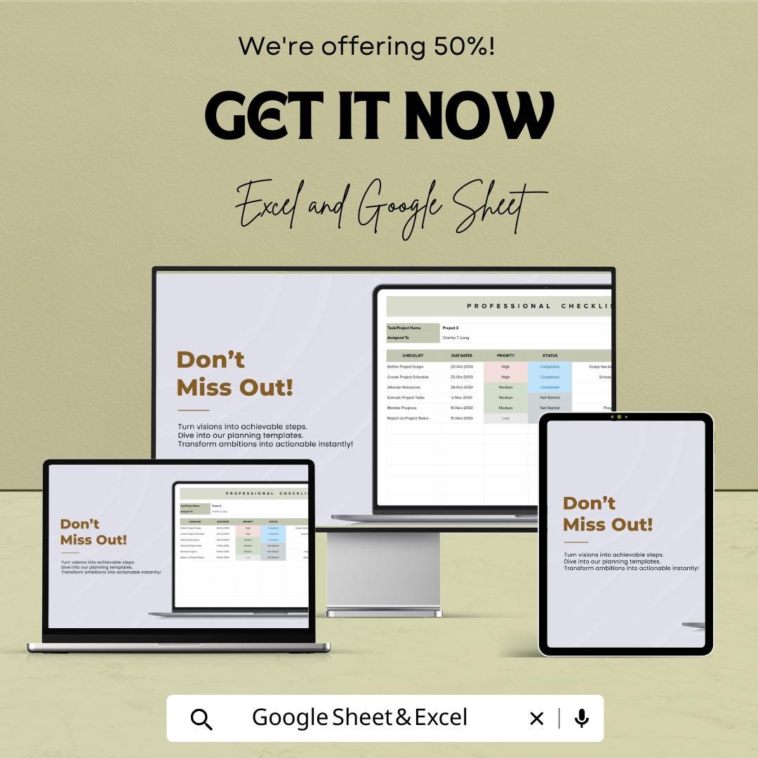 Professional Checklist Sheet | Google Sheets and Excel | Task & Project Tracker | Editable To-Do Planner | Business Checklist Template