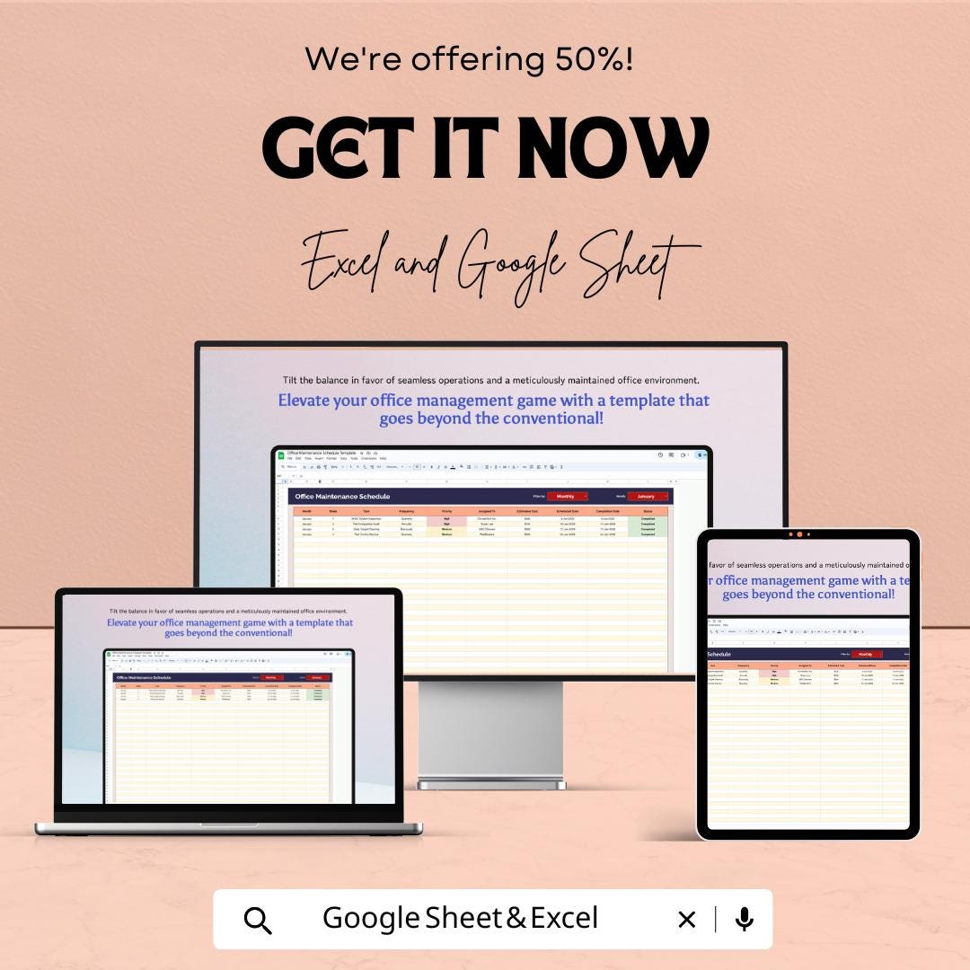 Office Maintenance Schedule Sheet | Excel & Google Sheet | Detailed Maintenance Planner | Office Task Management Template | Easy to Use