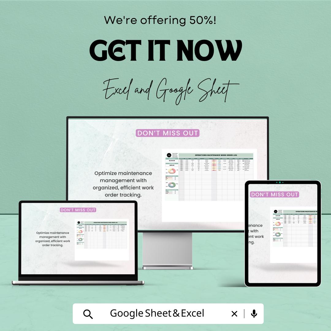 Maintenance Work Order Log | Excel & Google Sheets | Operations Tracker | Task Completion Sheet | Work Order Dashboard Template