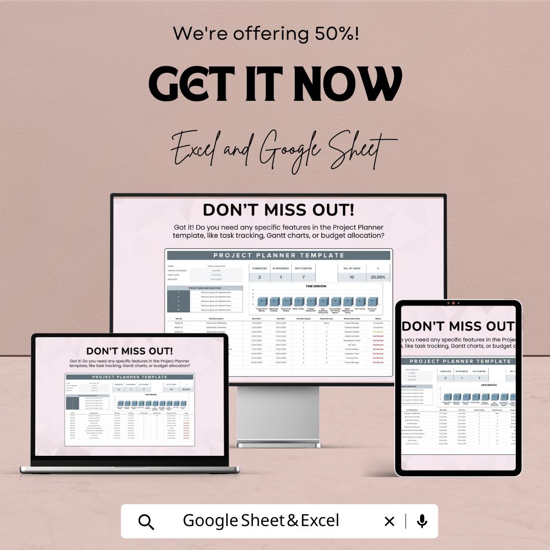 Project Planner Sheet 2025 | Excel and Google Sheet Template | Task Scheduling & Budget Planner | Project Management Tool
