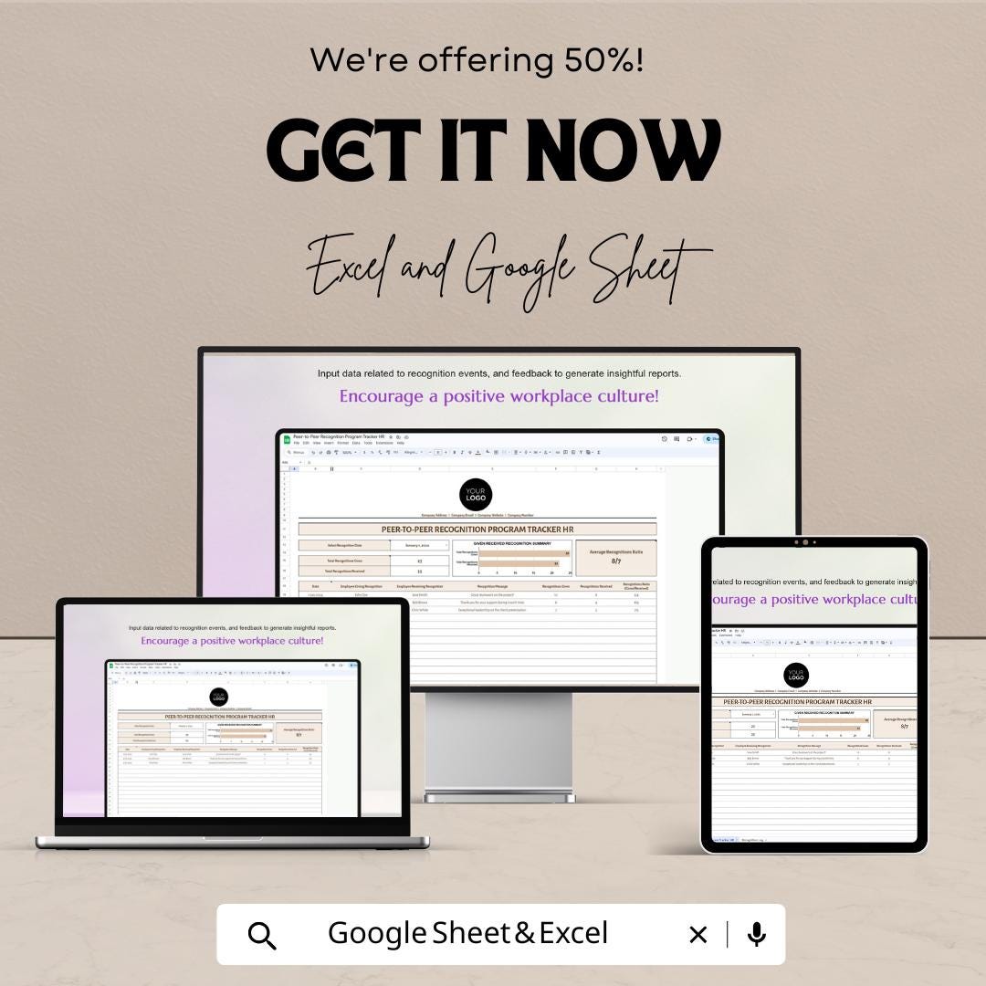 Peer-to-Peer Recognition Tracker HR Sheet | Employee Recognition Log | HR Google Sheets & Excel Template | Instant Download