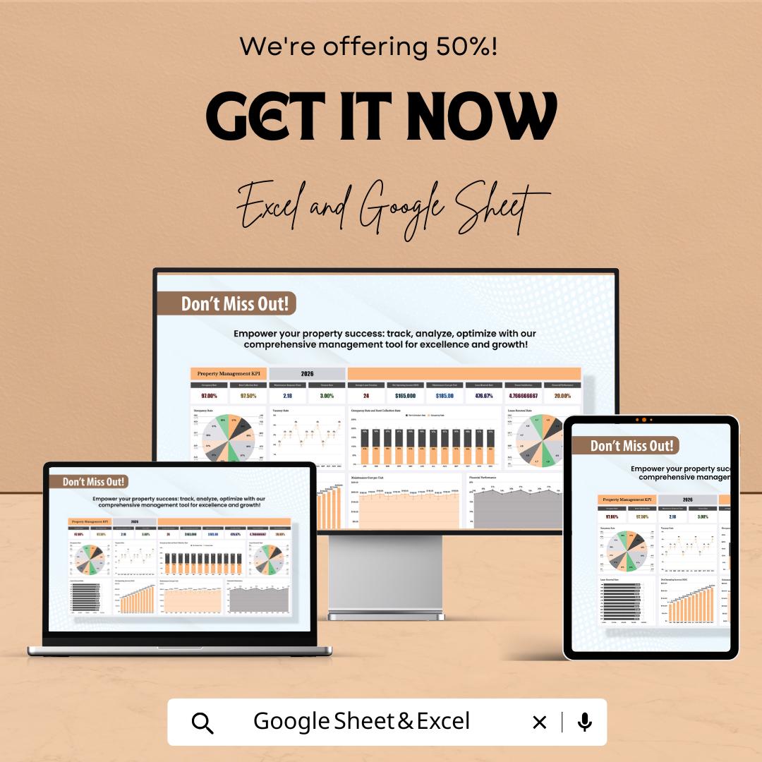 Property Management KPI Dashboard | Excel & Google Sheets | Real Estate Tracker | Rental Income Report | Occupancy Rate Analyzer