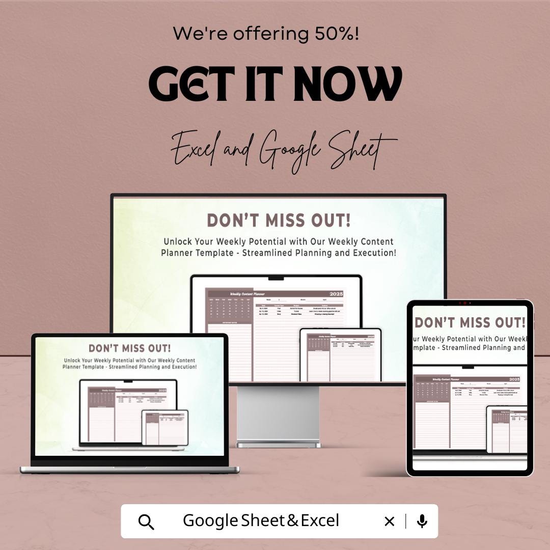 Weekly Content Planner Sheet | Google Sheets & Excel Template | Social Media Calendar | Content Plan Tracker | Digital Marketing Planne