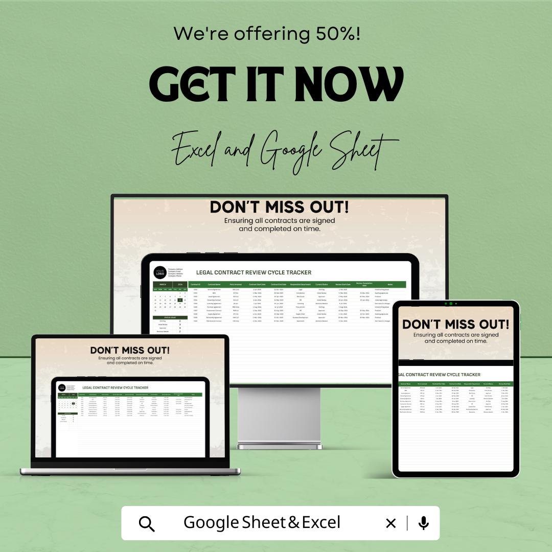 Legal Contract Review Tracker, Contract Review Cycle Template, Law Office Contract Management, Excel & Google Sheets Legal Workflow Tool