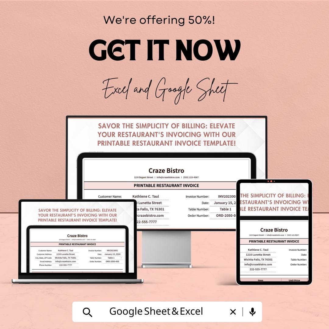 Printable Restaurant Invoice Sheet | Excel & Google Sheets Template | Customizable Restaurant Invoice | 50% Off | Easy-to-Use Template