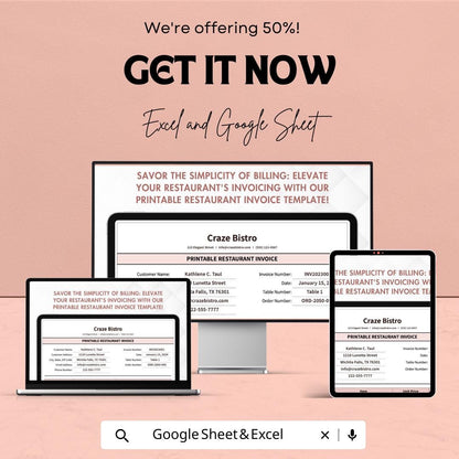 Printable Restaurant Invoice Sheet | Excel & Google Sheets Template | Customizable Restaurant Invoice | 50% Off | Easy-to-Use Template