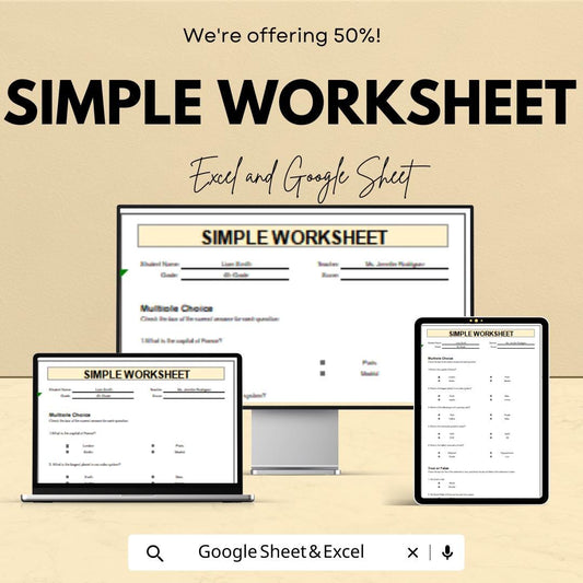 Simple Editable Worksheet Template | Google Sheets & Excel | Classroom Quiz Form | Homeschool Assignment | Digital Download