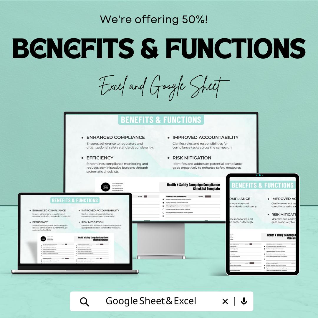 Health and Safety Compliance Checklist, Safety Campaign Tracker, Workplace Safety Template, OSHA Checklist, Google Sheets & Excel