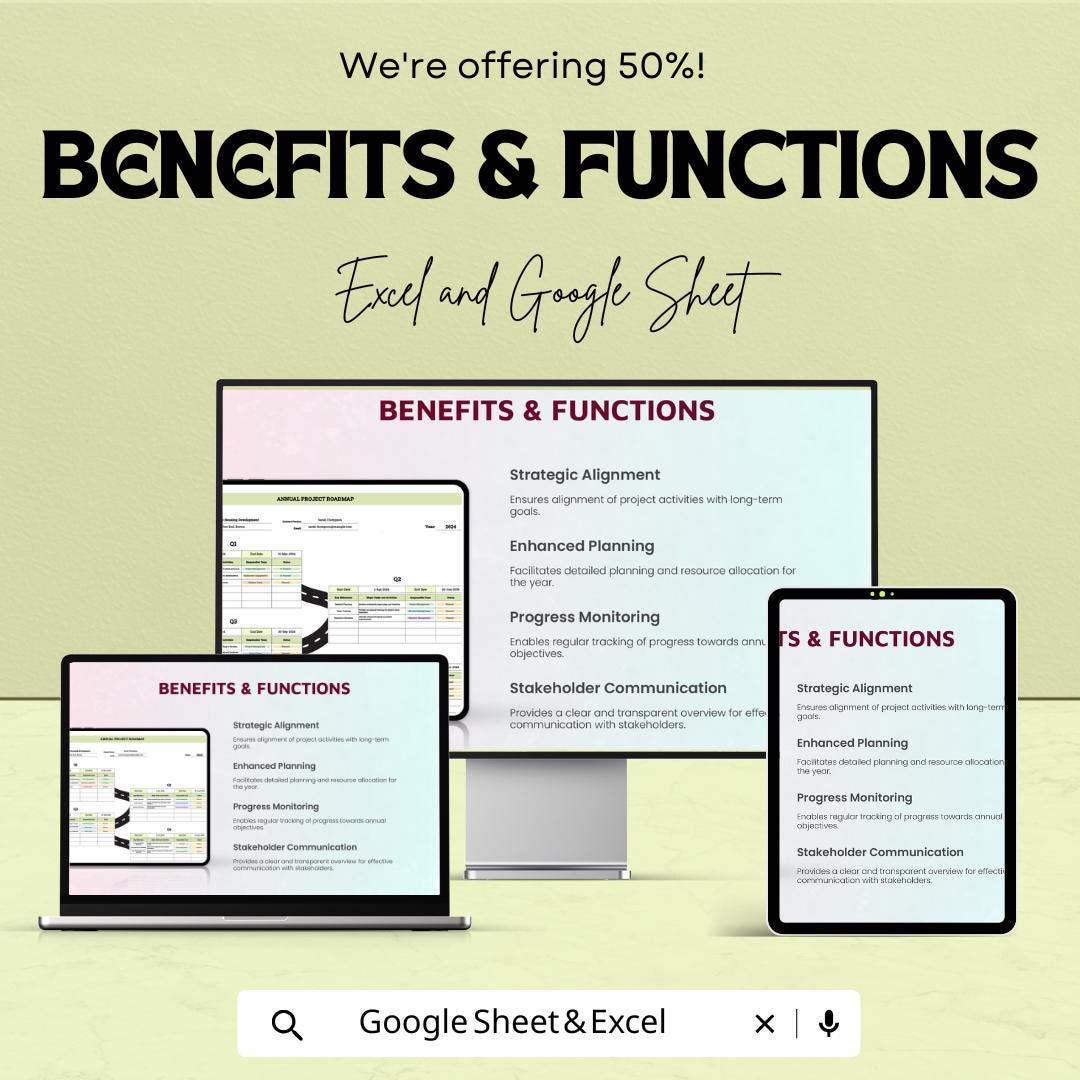 Annual Project Roadmap Sheet | Google Sheets Template | Project Planning, Goal Setting, Milestone Tracking, Timeline Visualization |
