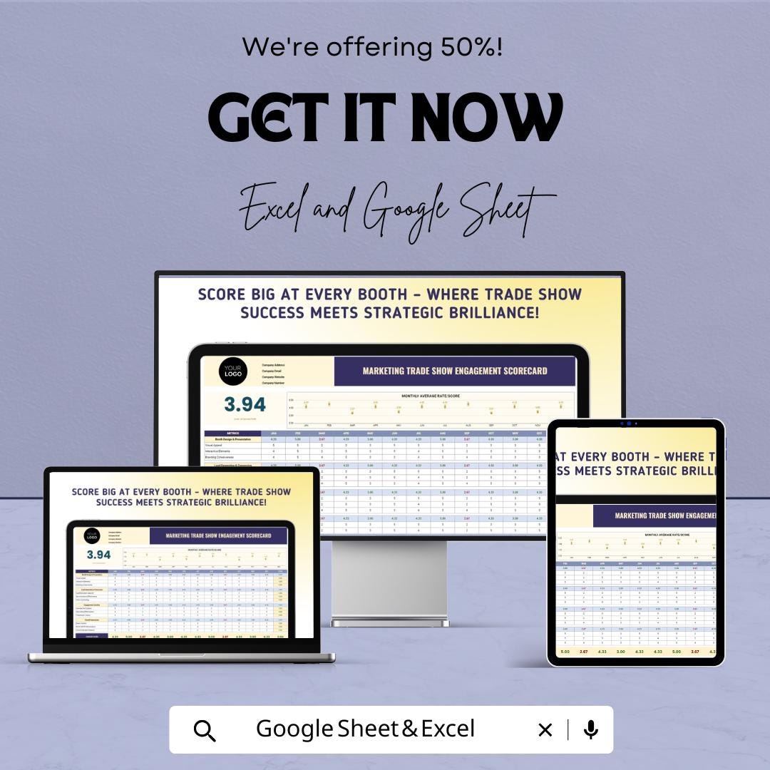 Marketing Trade Show Engagement Scorecard Template | Excel & Google Sheets | Trade Show Metrics Tracker | Booth Engagement Analysis |