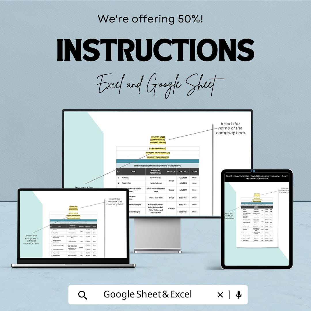 Software Development and Licensing Terms Schedule Sheet - Excel & Google Sheets Template - Project Management Tracker - 50% Off -