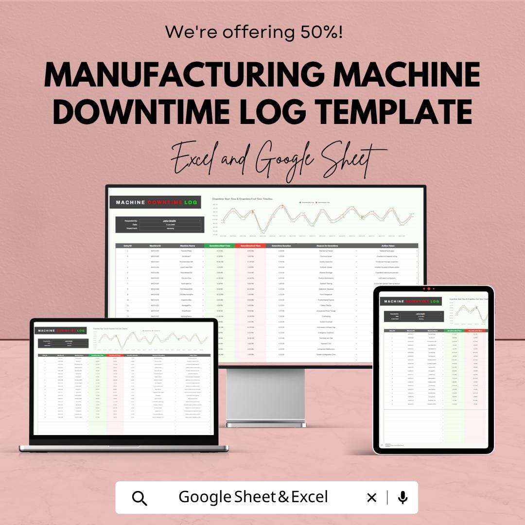 Machine Downtime Log Template Excel | Manufacturing Downtime Tracker | Equipment Maintenance Log | Production Downtime Sheet |