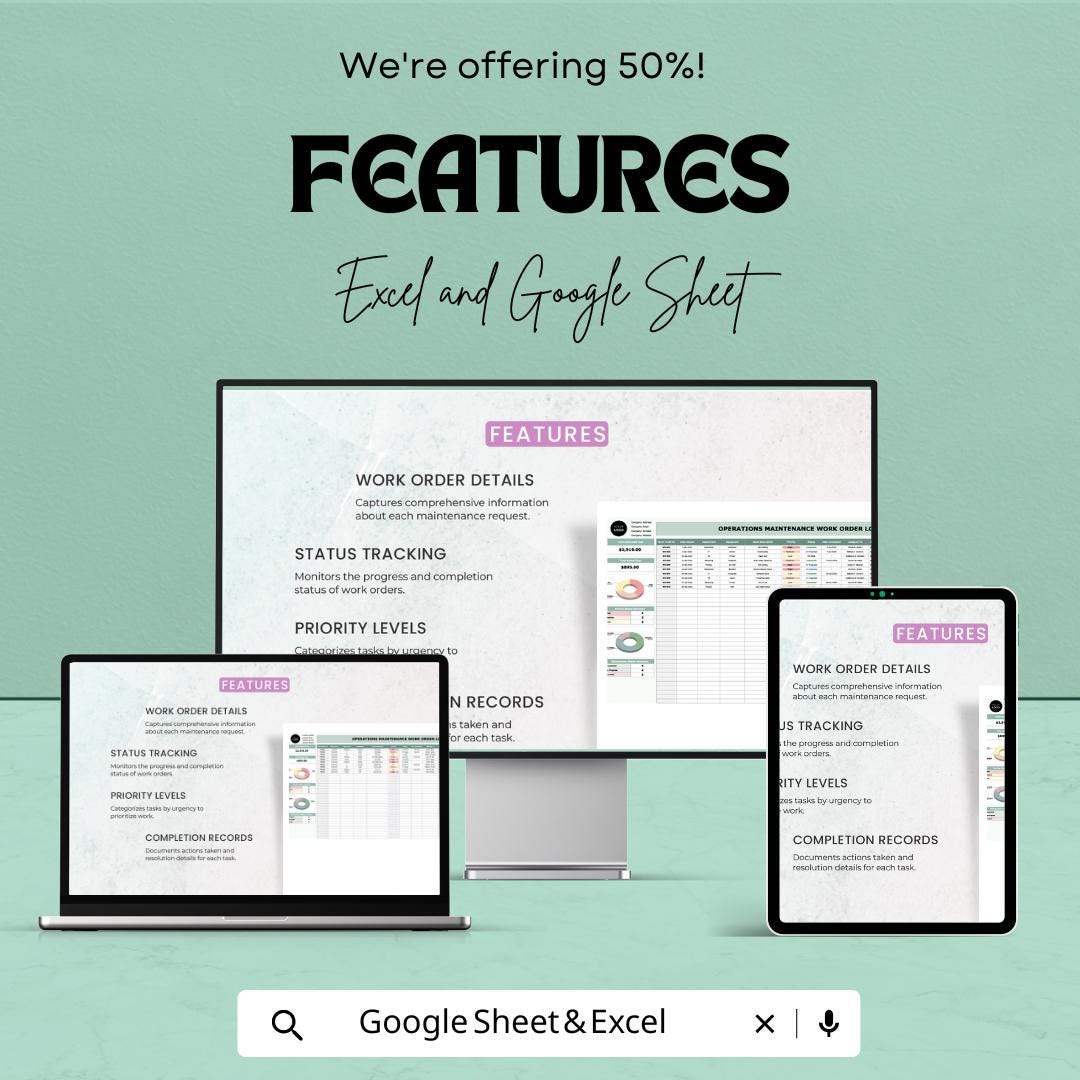 Maintenance Work Order Log | Excel & Google Sheets | Operations Tracker | Task Completion Sheet | Work Order Dashboard Template