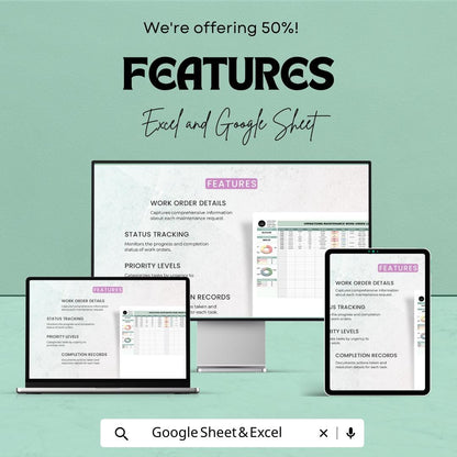 Maintenance Work Order Log | Excel & Google Sheets | Operations Tracker | Task Completion Sheet | Work Order Dashboard Template