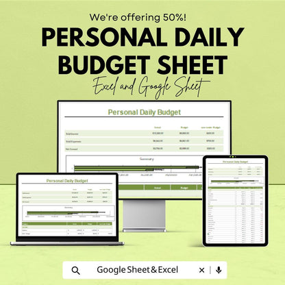 Personal Daily Budget Template - Excel & Google Sheets - Daily Expense Tracker - Financial Planner - Budgeting Tool