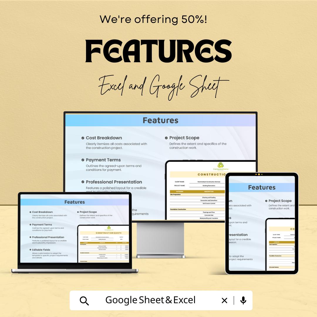 Construction Quote Template | Building Estimate Sheet | Google Sheets & Excel Quotation Form | Contractor Cost Estimate Template