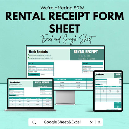 Rental Receipt Form Sheet | Excel & Google Sheets Template | Easy Rent Payment Tracking | Generate Rental Receipts Instantly