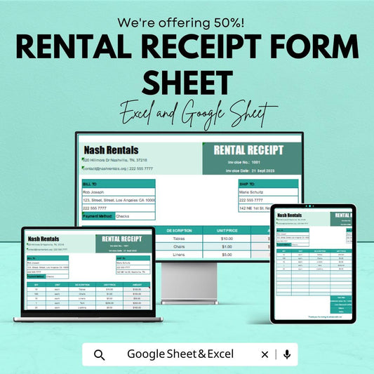 Rental Receipt Form Sheet | Excel & Google Sheets Template | Easy Rent Payment Tracking | Generate Rental Receipts Instantly