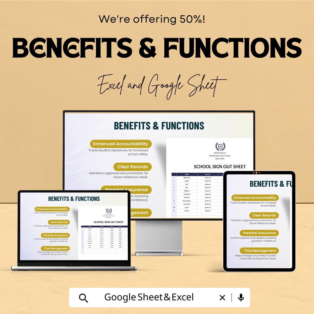 School Sign Out Sheet Template for Excel & Google Sheets | Instant Download | 50% Off | Track Student Departures with Ease