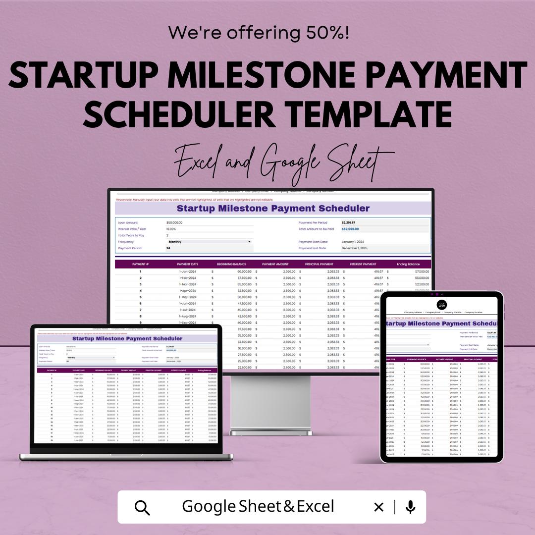 Startup Milestone Payment Scheduler Template | Startup Payment Tracker | Milestone Budget Planner | Business Payment Schedule