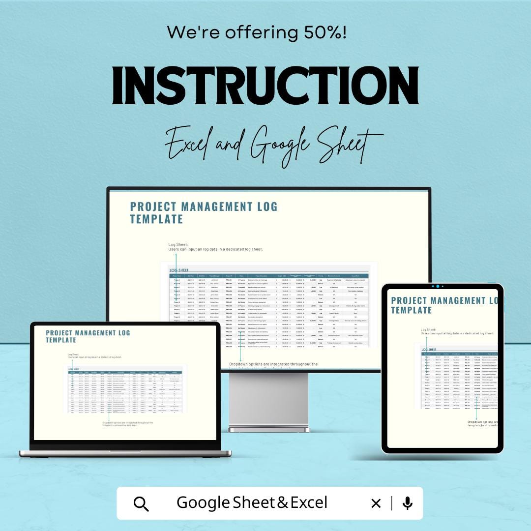 Project Management Log Sheet | Excel and Google Sheets Template | Track Projects, Budget & Expenses | Project Planning and Task Tracker