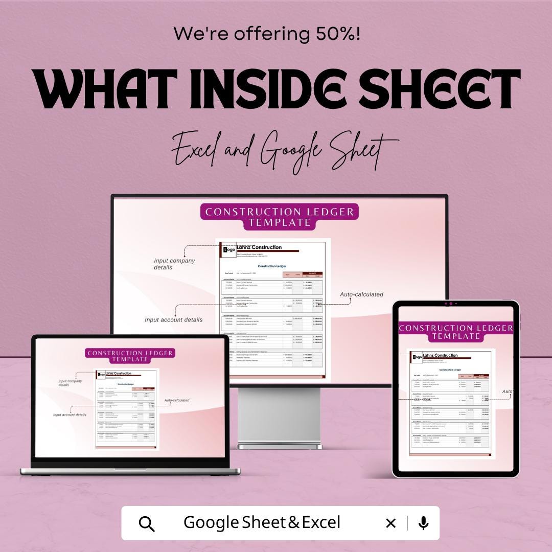 Construction Ledger Template | Excel Construction Accounting Spreadsheet | Google Sheets Ledger Tracker | Contractor Expense Tracker |