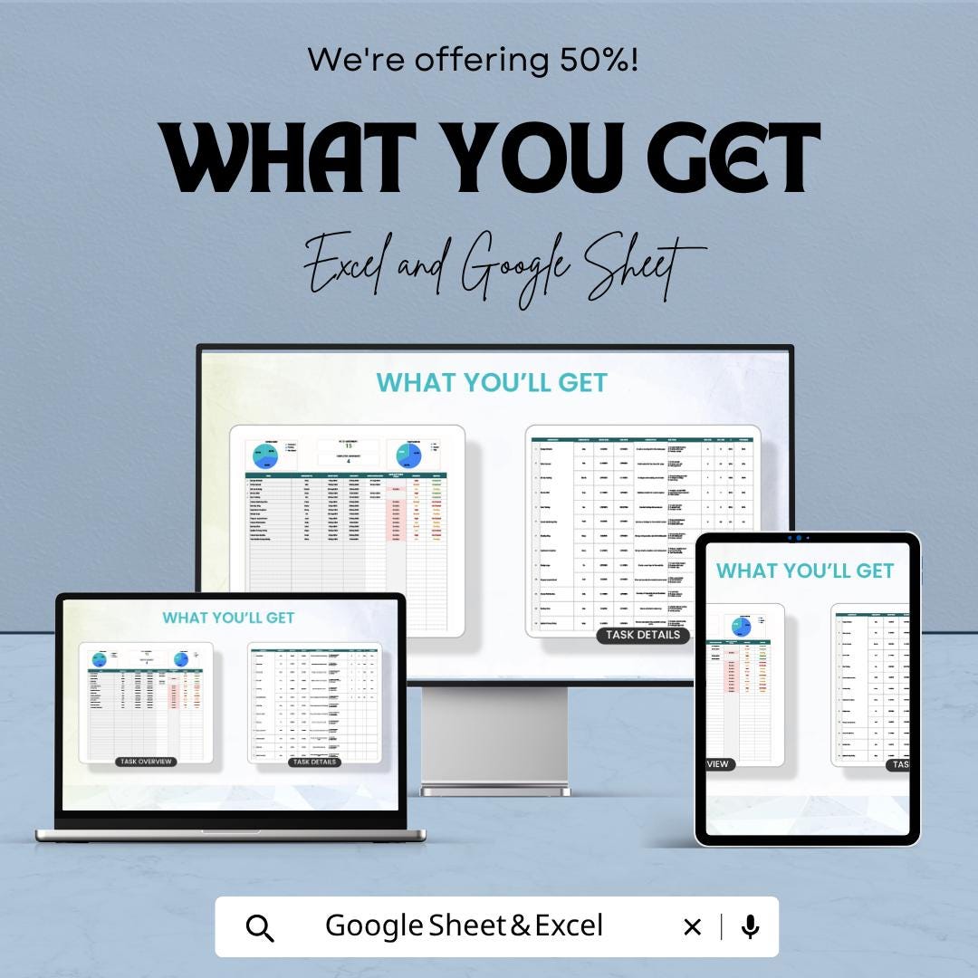 Task Assignment Tracker Template Excel | Team Task Manager Spreadsheet | Project Task Tracker with Gantt Chart | Google Sheets Planner