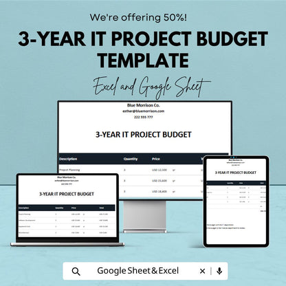3-Year IT Project Budget Template | IT Budget Spreadsheet | Project Cost Tracker Template |  IT Financial Planning Sheet