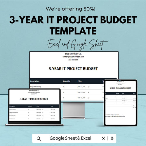 3-Year IT Project Budget Template | IT Budget Spreadsheet | Project Cost Tracker Template |  IT Financial Planning Sheet
