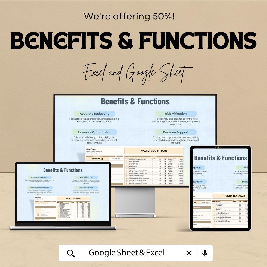 Project Cost Estimate Template | Cost Estimator Spreadsheet | Project Budget Planner | Construction Estimate | Excel & Google Sheets |