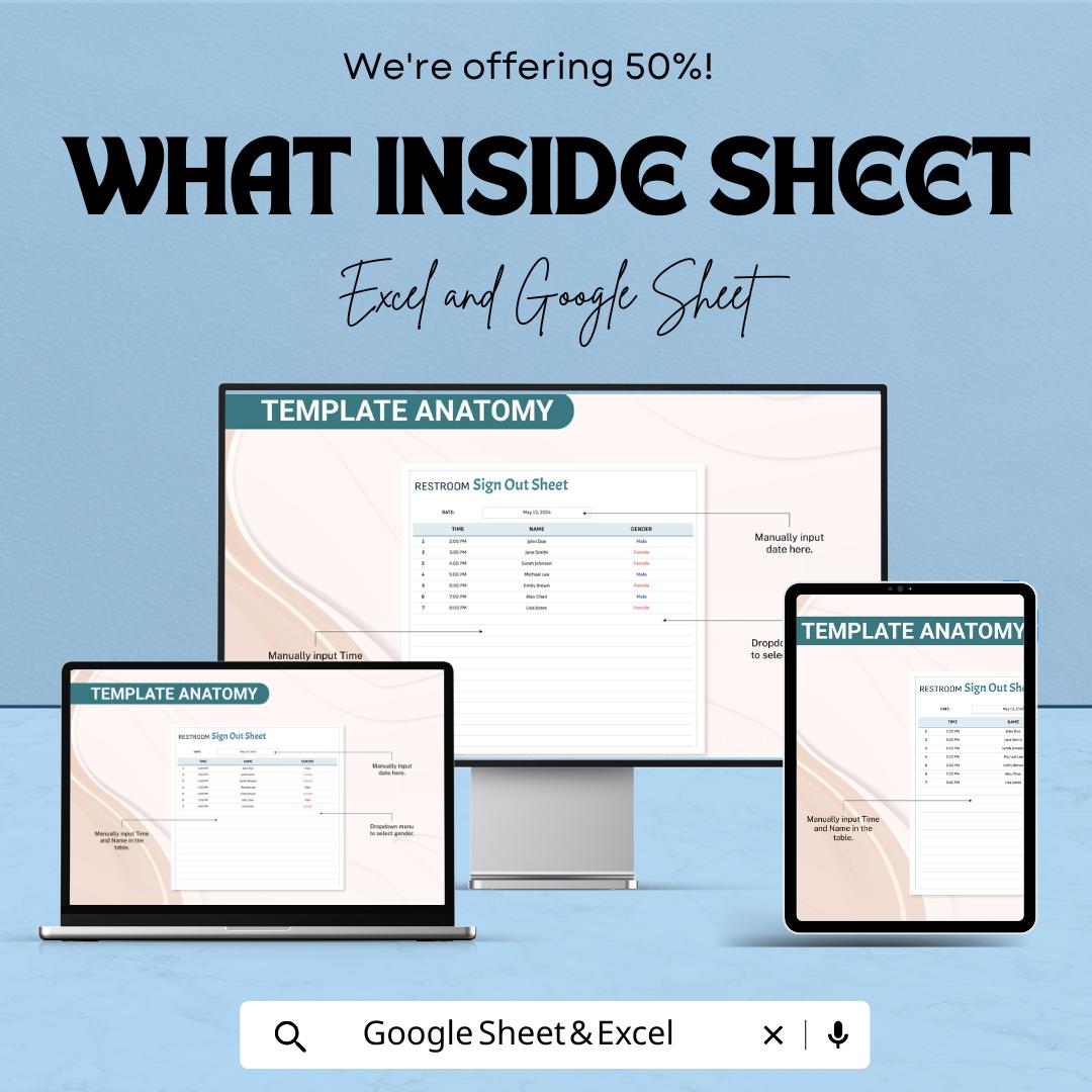 Restroom Sign Out Sheet | Excel & Google Sheets | Bathroom Log Template | Restroom Monitoring Sheet | Printable Bathroom Tracker