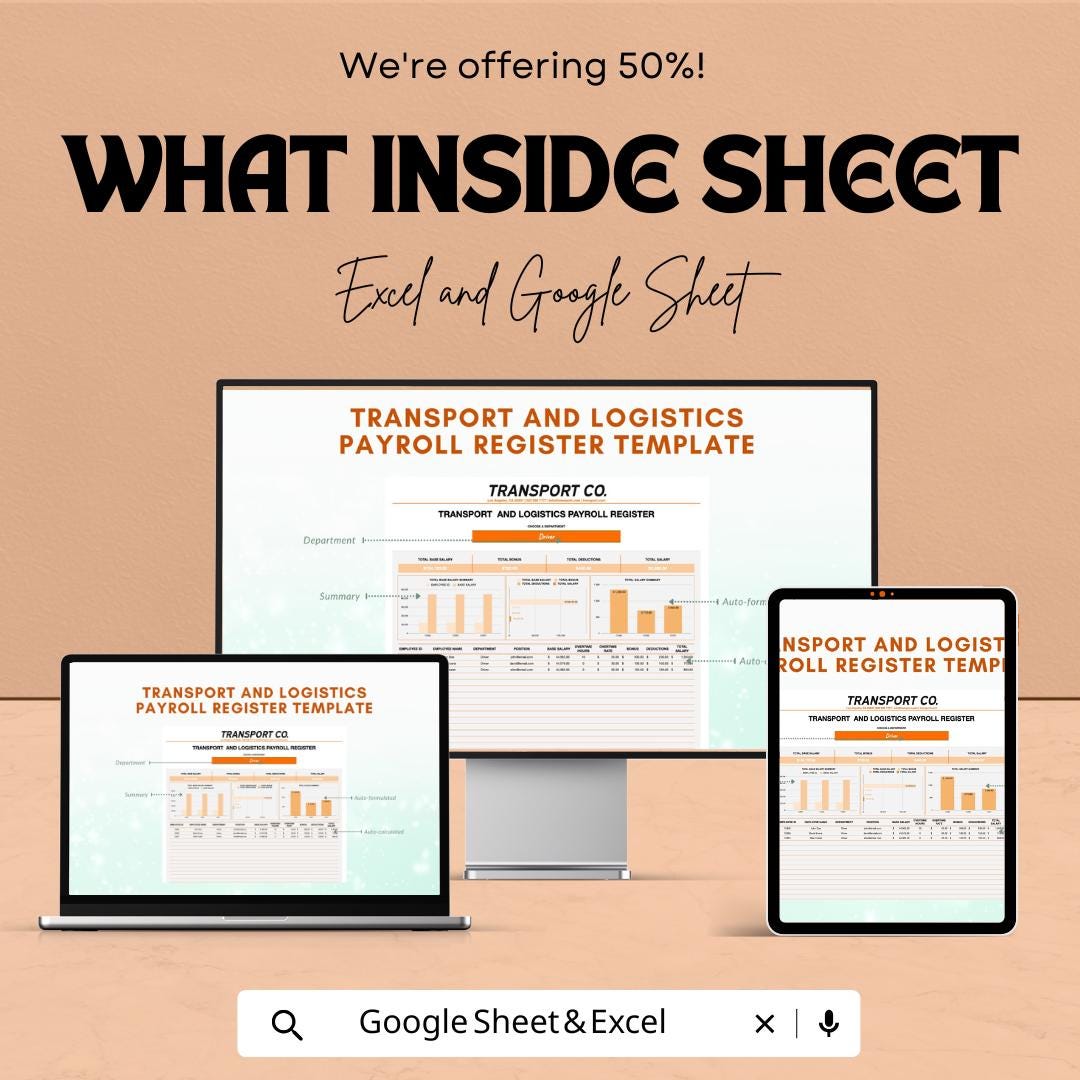 Transport Payroll Register Template | Logistics Payroll Sheet | Employee Payroll Tracker Excel & Google Sheets | Salary Register Template