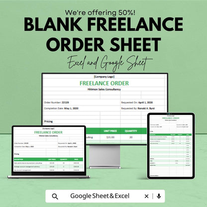 Blank Freelance Order Sheet | Excel & Google Sheets Template | Freelance Pricing Order Form | Instant Download | Customizable Template