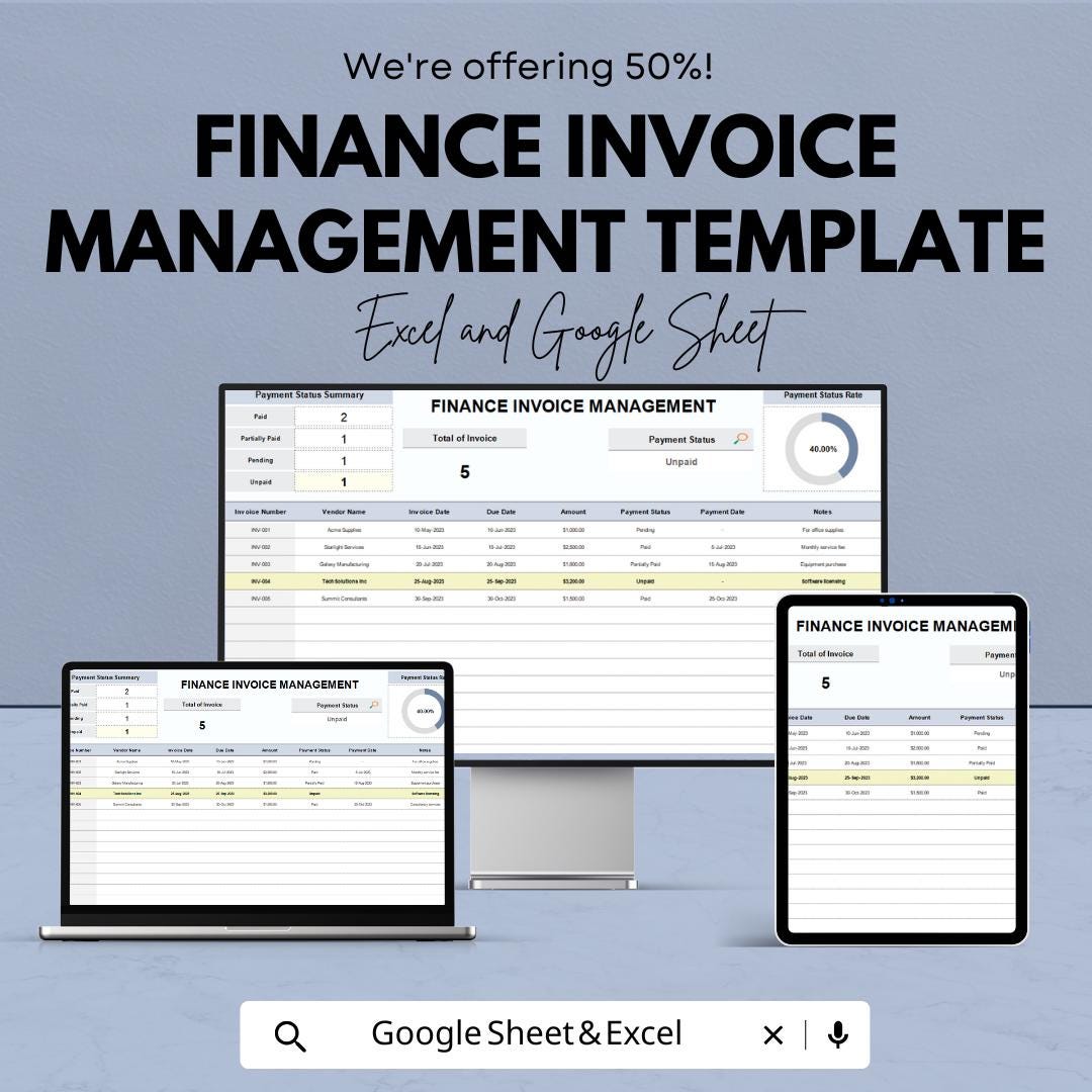 Finance Invoice Management Template | Invoice Tracker Spreadsheet | Payment Status Log | Automated Calculations | Business Finance Template