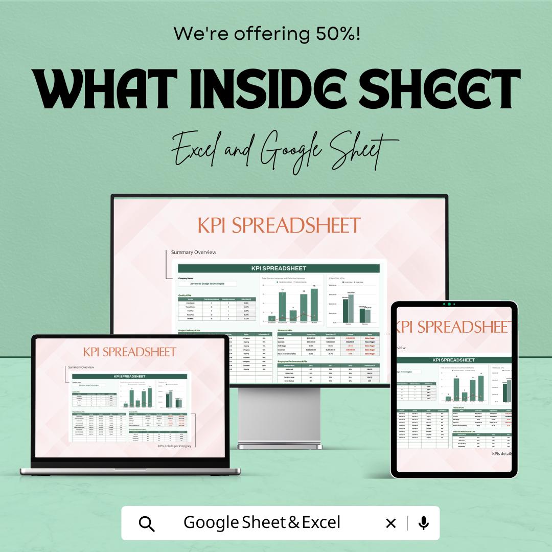 KPI Spreadsheet Template | Google Sheets & Excel Dashboard | Business KPI Tracker | Performance Metrics Report Template