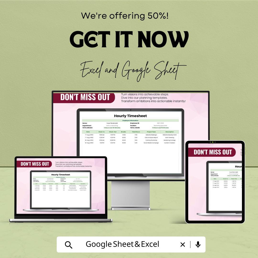 Hourly Timesheet Template | Excel and Google Sheets | Employee Work Hours Tracker | Time Log Sheet | Payroll Timesheet Form