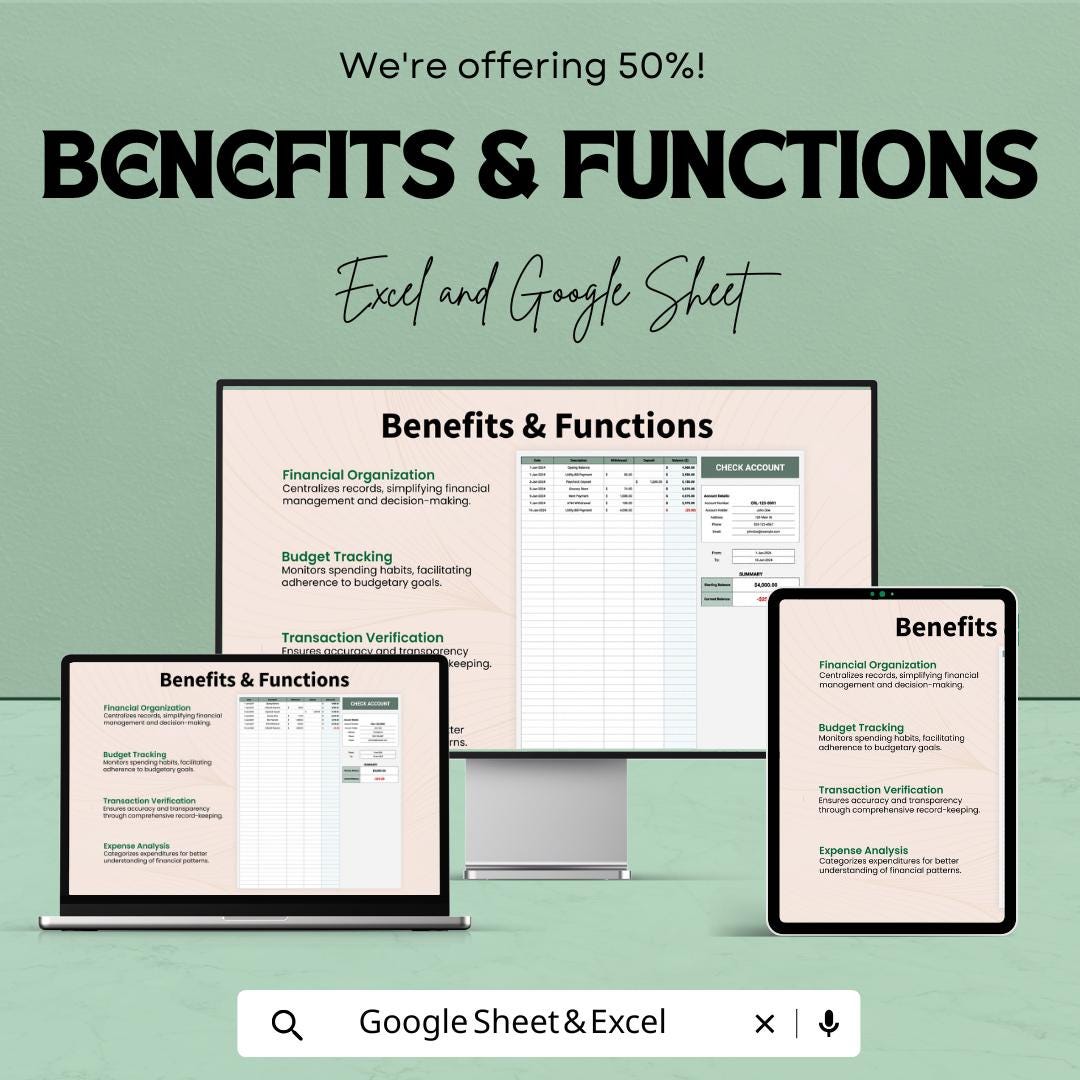 Checking Account Template | Excel and Google Sheets Check Register | Bank Account Tracker Spreadsheet | Budget and Transaction Log