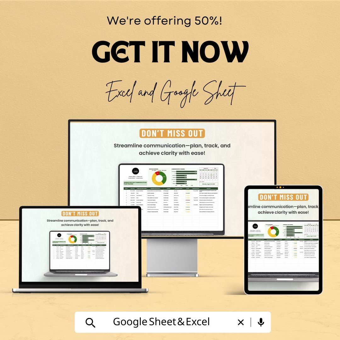 50% OFF - Administration Communication Plan Tracker Sheet - Excel & Google Sheets | Track and Manage Communication Efforts |
