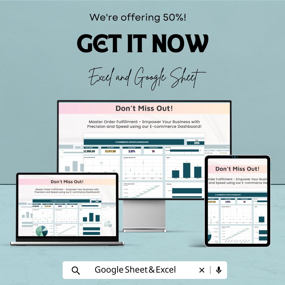 E-commerce Order Dashboard Template | Order Tracker | Sales Analytics Spreadsheet | Inventory & Fulfillment KPI Dashboard