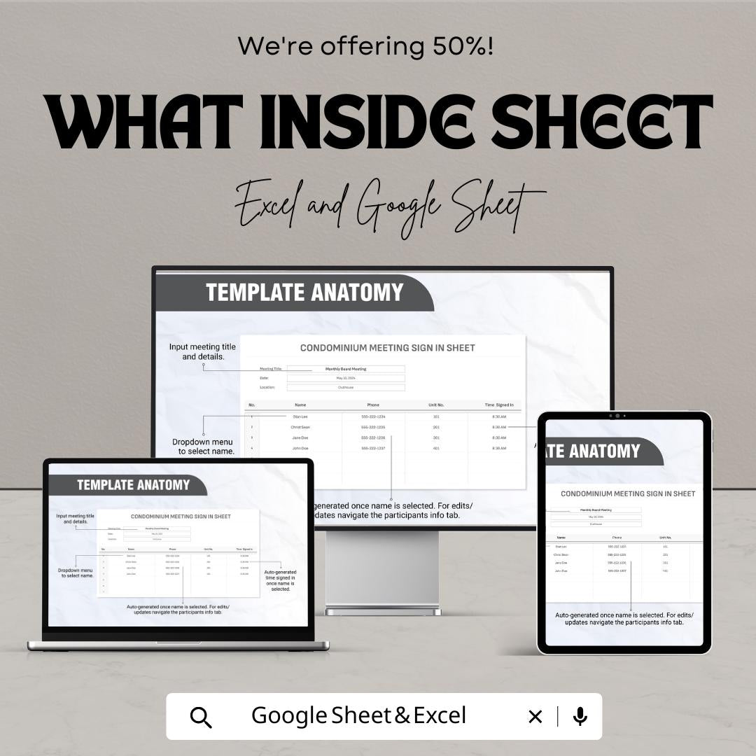Condominium Meeting Sign In Sheet Template | GCondo Board Attendance Log | HOA Meeting Sign In Form