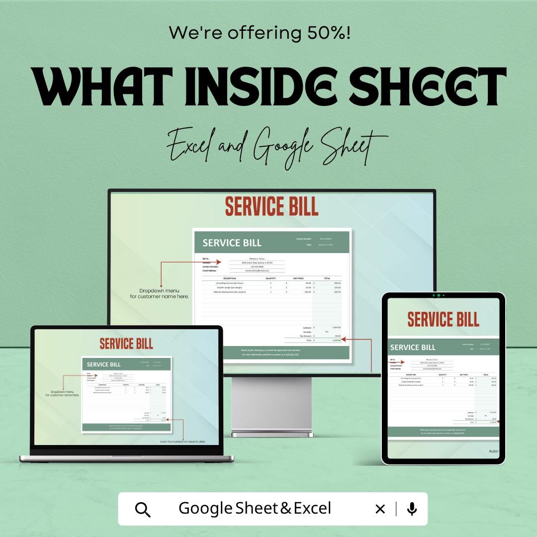 Service Bill Template | Invoice Billing Spreadsheet | Service Invoice Tracker | Excel & Google Sheets | Business Payment Management Sheet