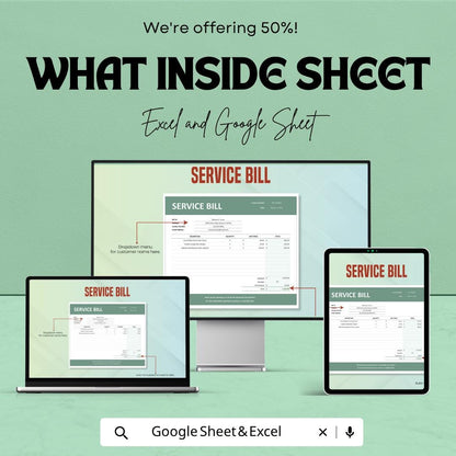 Service Bill Template | Invoice Billing Spreadsheet | Service Invoice Tracker | Excel & Google Sheets | Business Payment Management Sheet
