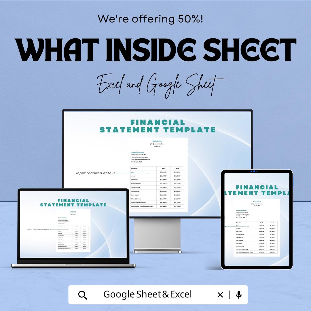 Financial Statement Sheet | Excel & Google Sheet Template | Business Financial Reporting Tool