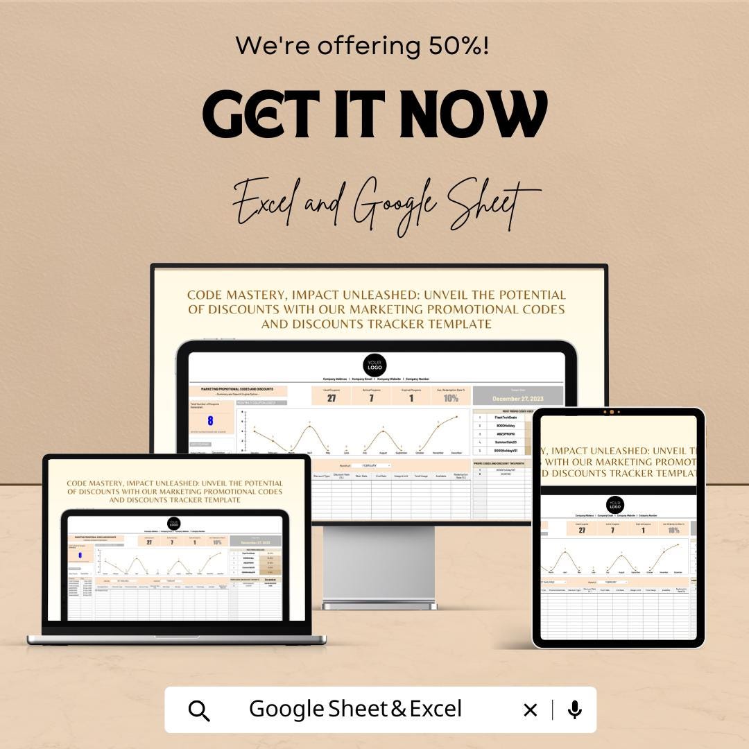 Marketing Promotional Codes and Discounts Tracker Template | Promo Code Usage Log | Marketing Discount Tracker