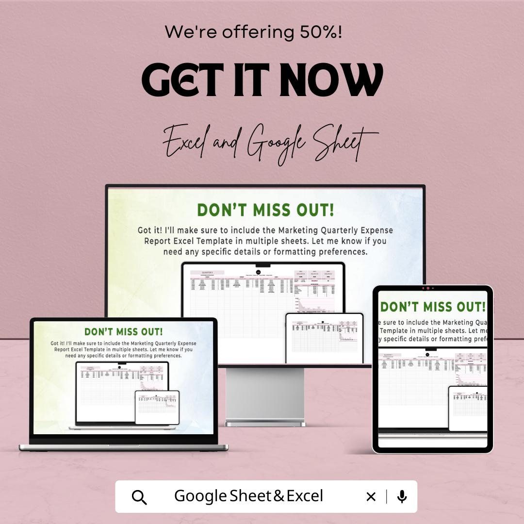 Marketing Quarterly Expense Report Template, Marketing Budget Tracker, Excel & Google Sheets Expense Dashboard, Quarterly Finance Report
