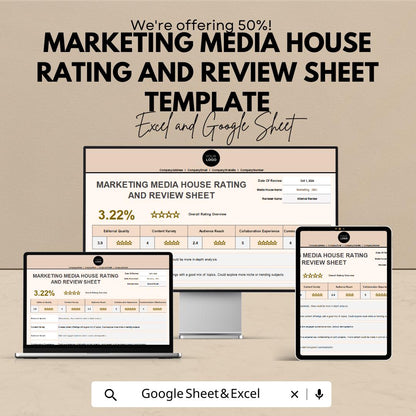 Marketing Media House Rating and Review Sheet Template | Google Sheets & Excel | Marketing KPI Tracker | Media Evaluation Report Template