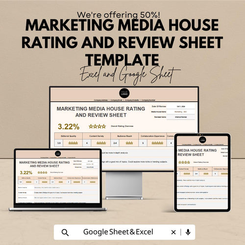 Marketing Media House Rating and Review Sheet Template | Google Sheets & Excel | Marketing KPI Tracker | Media Evaluation Report Template
