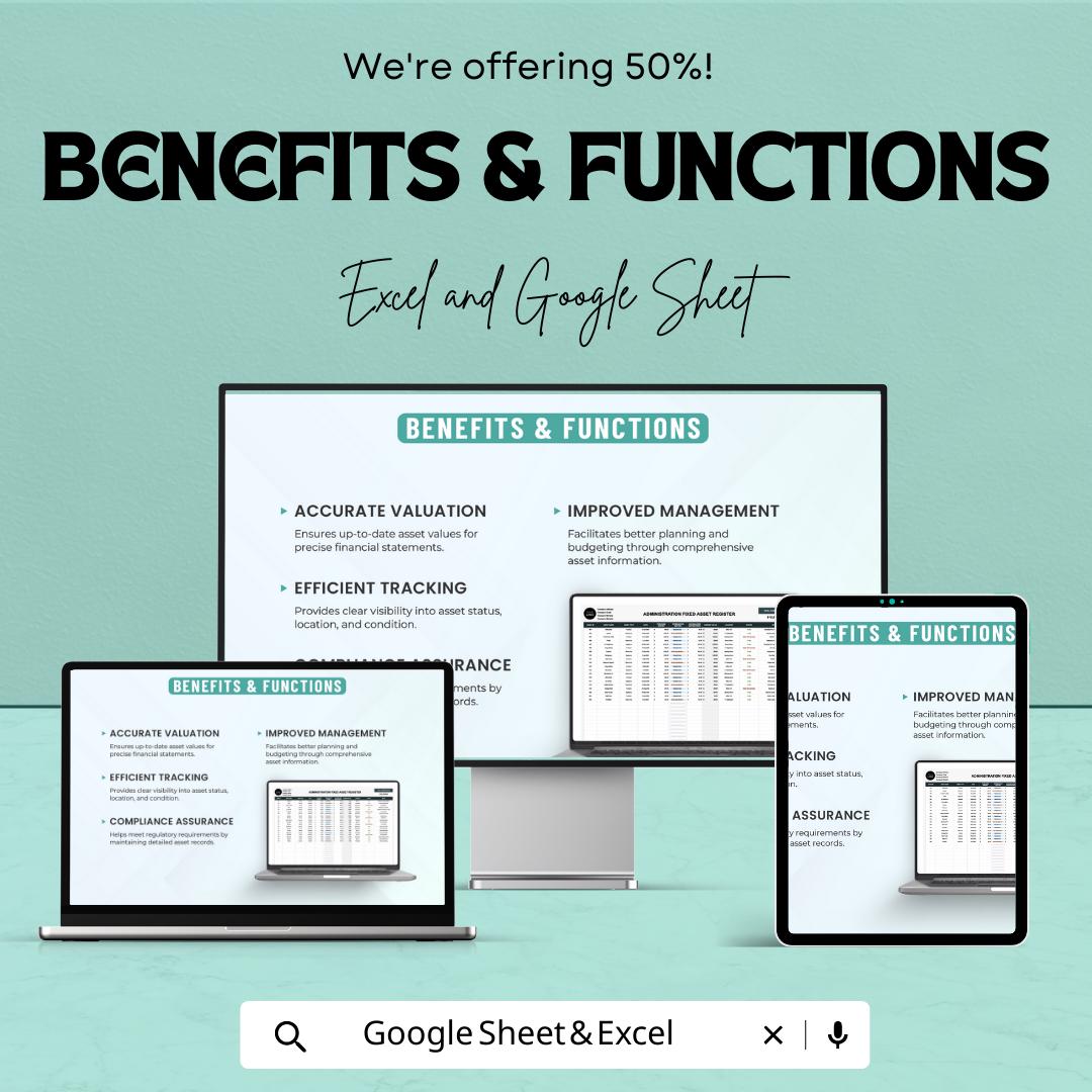 Administration Fixed Asset Register Template | Asset Tracking Spreadsheet | Depreciation Tracker | Business Asset Log