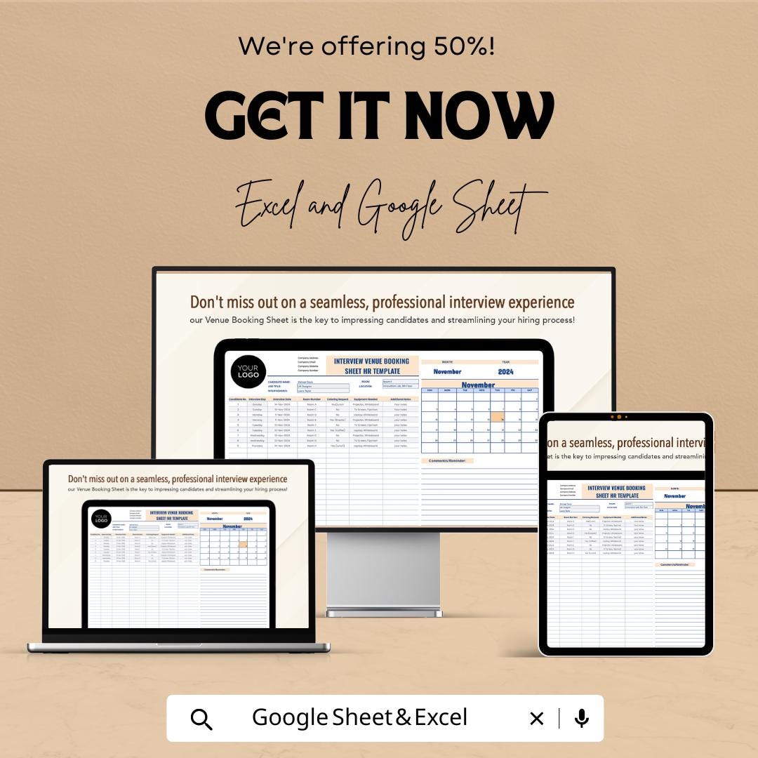 Interview Venue Booking Sheet HR Template, Interview Schedule Tracker, Recruitment Planner, Candidate Booking Spreadsheet