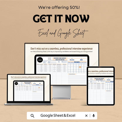 Interview Venue Booking Sheet HR Template, Interview Schedule Tracker, Recruitment Planner, Candidate Booking Spreadsheet